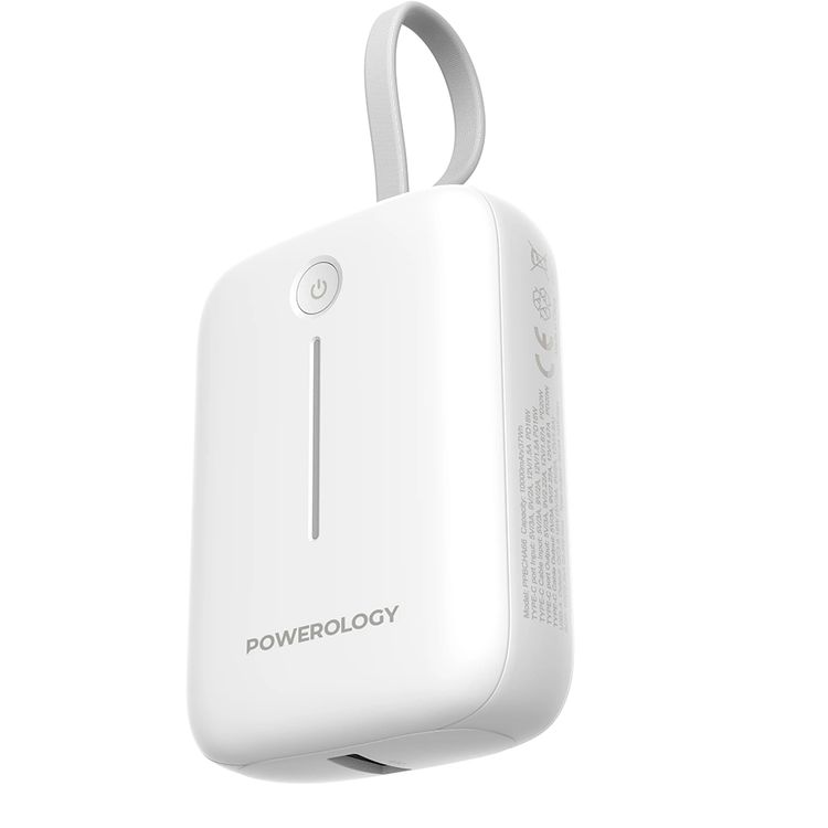 Powerology 10000mAh Power Bank with Detachable USB-C Wire, 20W Power Delivery, 3-Device Charging, Long Time Standby, Universal Phone Compatibility, Built-in Safeguards - White