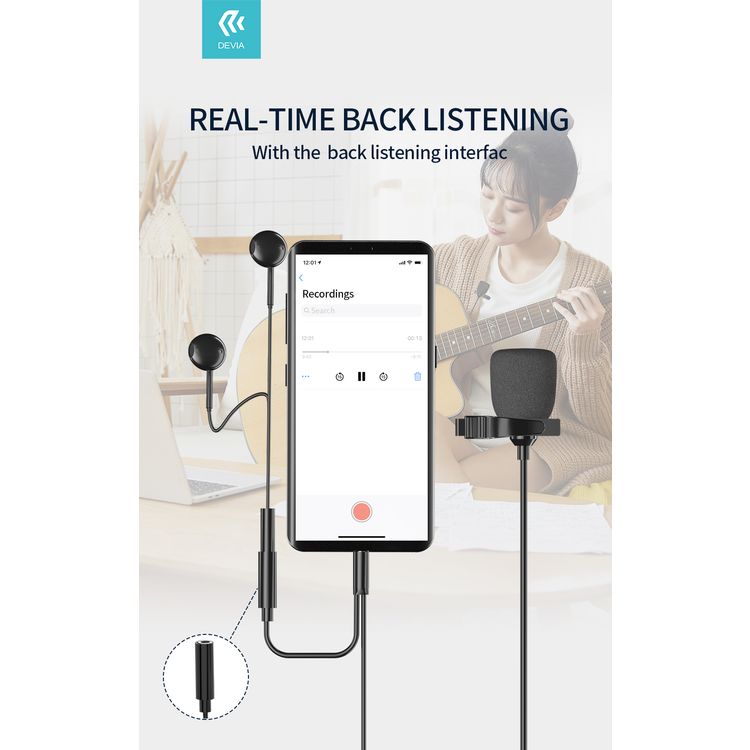 Devia Smart Series Wired Microphone Type-C, Simple and Stylish, Ultra-Lightweight, Hi-Fi Loudspeaker, Made Oxygen-Free Copper Plating Silver Wire + TPE, Durable Cord - Black
