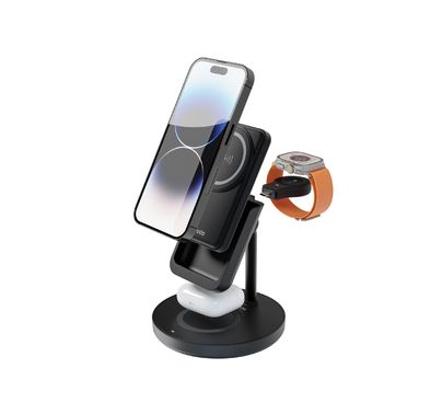 Porodo 5000mAh 4-in-1 MagSafe Power Bank Dock with 10W Wireless Charging, Simultaneous Charging, 2W Watch Output, 5W Earbuds Output, 27W USB-C Input, Detachable Power Bank - Black