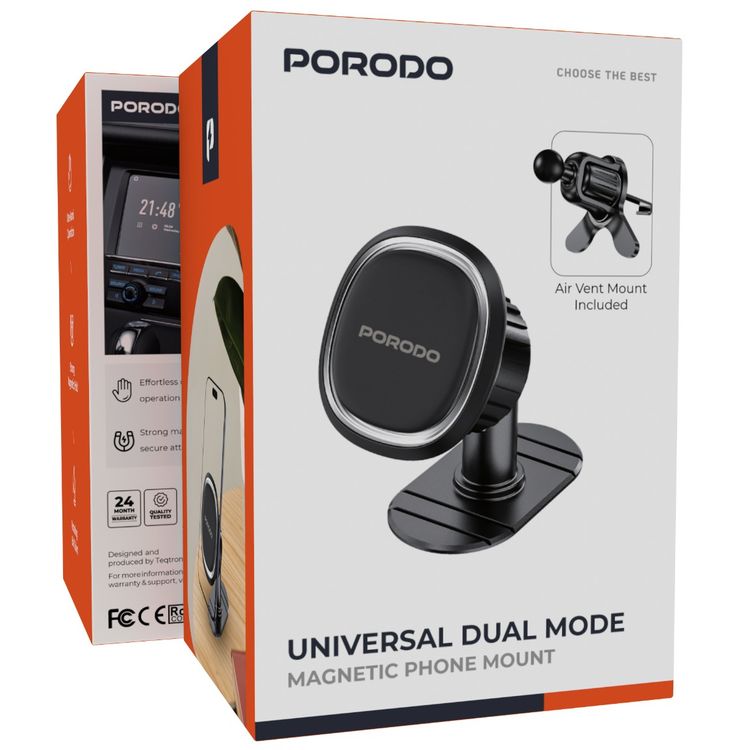 Porodo Universal Dual Mode Magnetic Phone Mount with Rotating Ball Joint, Strong Magnetic Hold, One-Hand Operation, Portable & Ultra Compact Design - Black