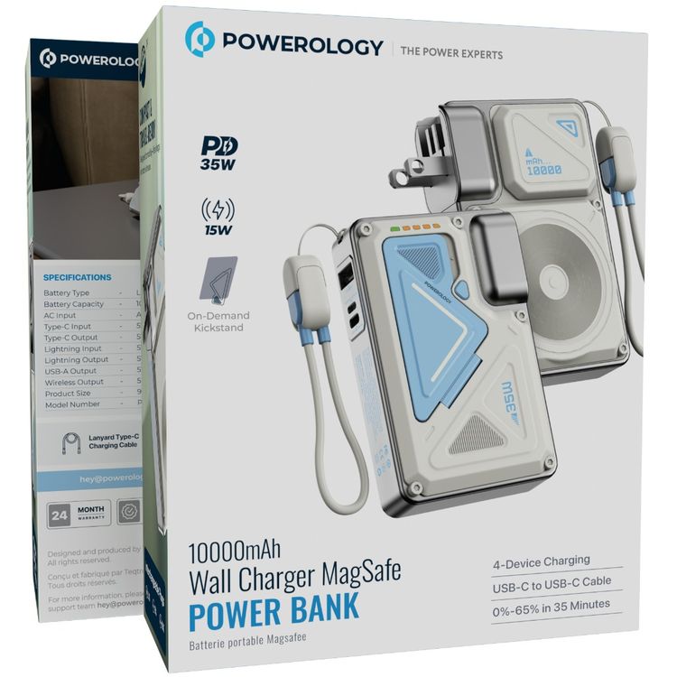 باورولوجي باور بانك 10000mAh مغ سيف مع شاحن حائط مدمج، تسليم طاقة 35 واط، شحن لأربع أجهزة، مخرج لاسلكي 15 واط، كابل USB-C إلى USB-C مدمج - أبيض