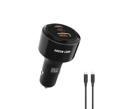 Green Lion Roadex Triple-Port Car Charger with USB-C to Lightning Cable, 80W Total Output, Charging Protection, Compact Design, Heat Dissipation, USB-A & Dual USB-C Ports - Black