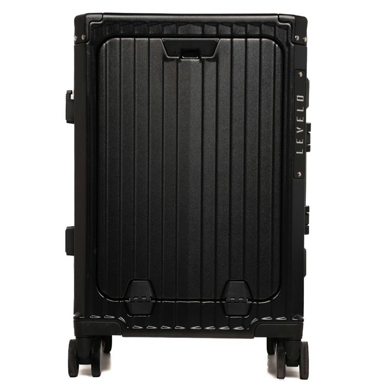 Levelo RoamRollers Travel Luggage with an Aluminum Body, USB-A & USB-C Output, Metal Corner Protection, Front Pocket Compatible with Up to 15.6" Laptop, Phone Holder and Cup Holder, Silent Spinner Wheels - Black 
