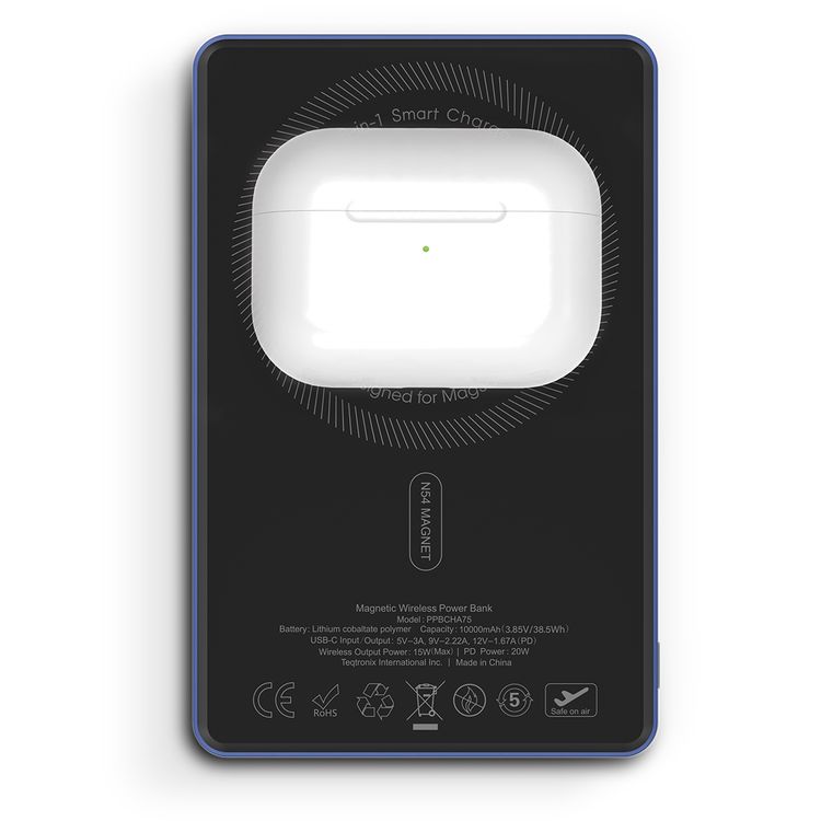 Powerology MagVolt 10000mAh Power Bank, 2.5W Watch Output, Up to 15W Phone Output, 20W Power Delivery, Ultra-Slim Design, Smart TFT Display, N54 MagSafe Compatible - Blue