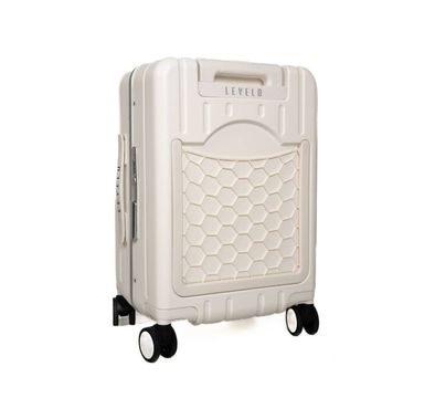 Levelo RoamCruiser 20" Travel Luggage with Detachable Kid Holder, Impact Resistance, PC & Aluminum Material, 50kg Weight Capacity, Silent Wheels, Hypoallergenic Interior, 2 Fusion Telescopic Handles, Integrated Wheel Locks, Built-in Document Holder - White