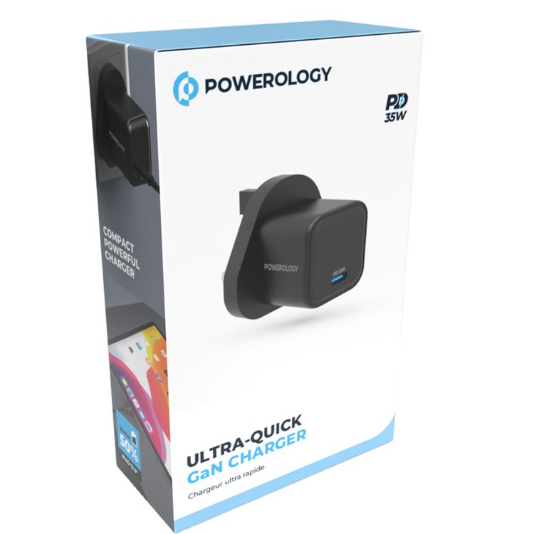 The Powerology 35W Ultra-Quick GaN Charger with UK Plug, USB-C Output Port, Fast Charge, Portable & Compact Design, Built-in Safeguards, 100-240V Input - Black