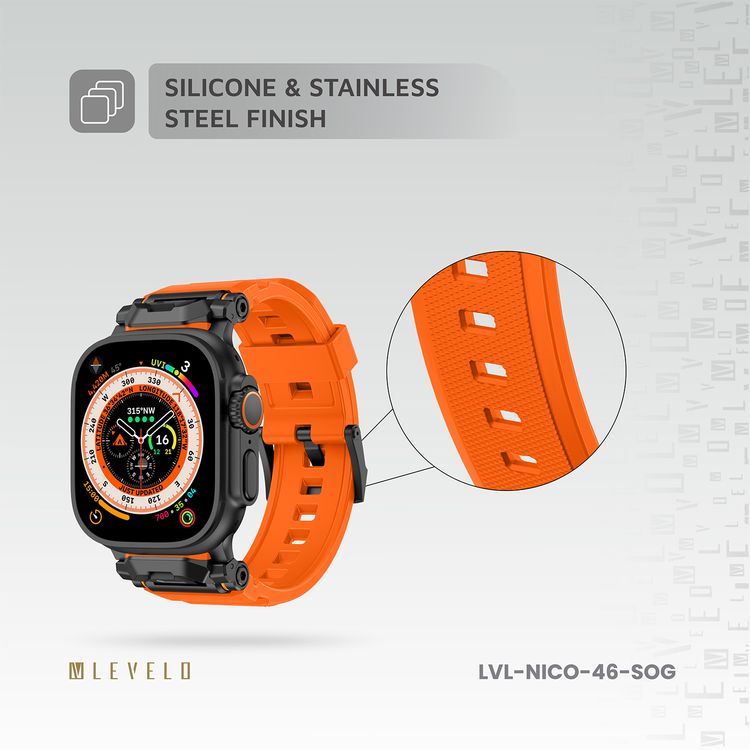 Levelo Nico Watch Strap for Apple Watch 49/46mm with Metal Buckle Closure, Compatible with SE Series 9, 8, 7, 6, 5, Silicone & Stainless Steel Finish, Lightweight & Flexible Fit, Sweat-Resistant & Water-Resistant, Hypoallergenic Material, Extended Band Interaction - Sunset Orange