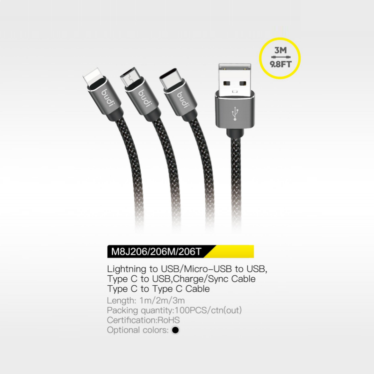 Budi Charge / Sync Cable 2.4A Aluminum Shell USB 2.0 Via Micro Cable - Black