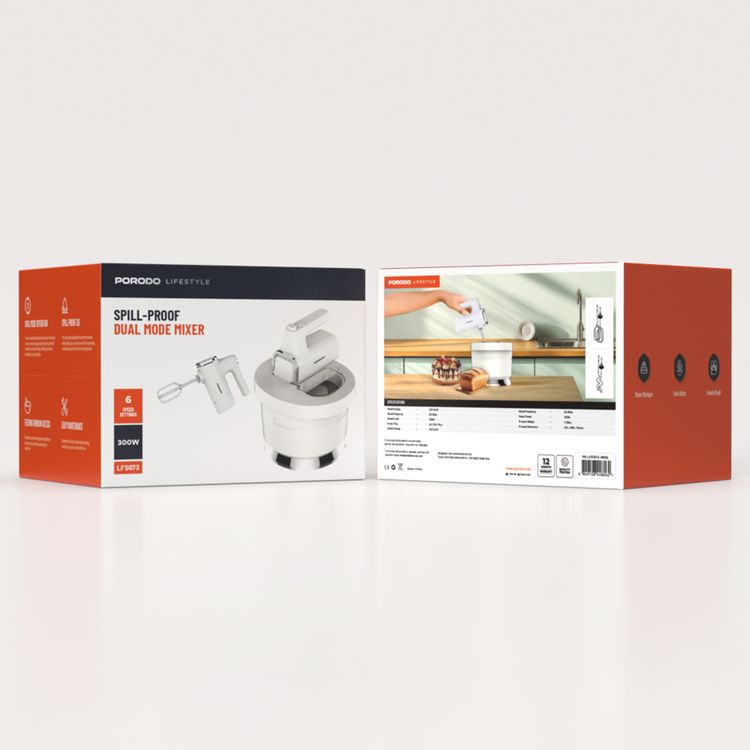 Porodo Lifestyle Spill-Proof Dual Mode Mixer, 6 Speed Settings, Easy Maintenance, Feeding Window Access, Folds Batter & Kneads Dough - White / Silver