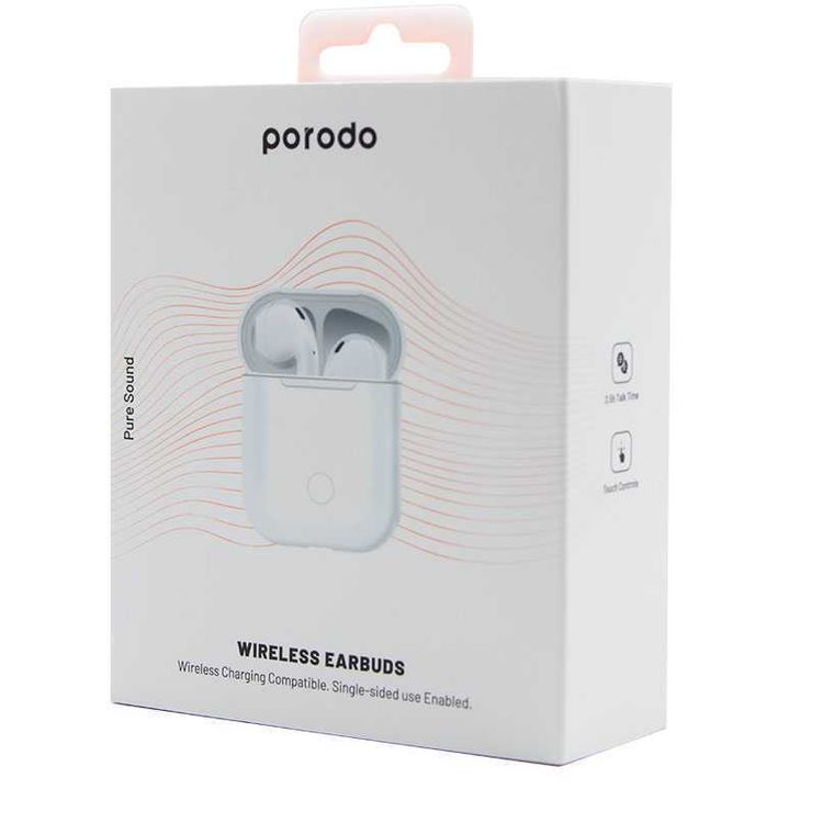 Porodo Soundtec Pure Sound Wireless Earbuds with Touch Control, Optical Sensors, Auto-pairing, Excellent Tone Quality, Siri Access, 2.5 Hours Talking Time - White