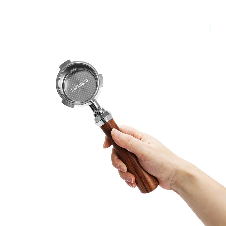 LePresso 51mm Bottomless Portafilter, Stainless Steel, Aluminum Alloy, Wood Material, Compatible with 51mm Coffee Machines, Ergonomic Design - Brown