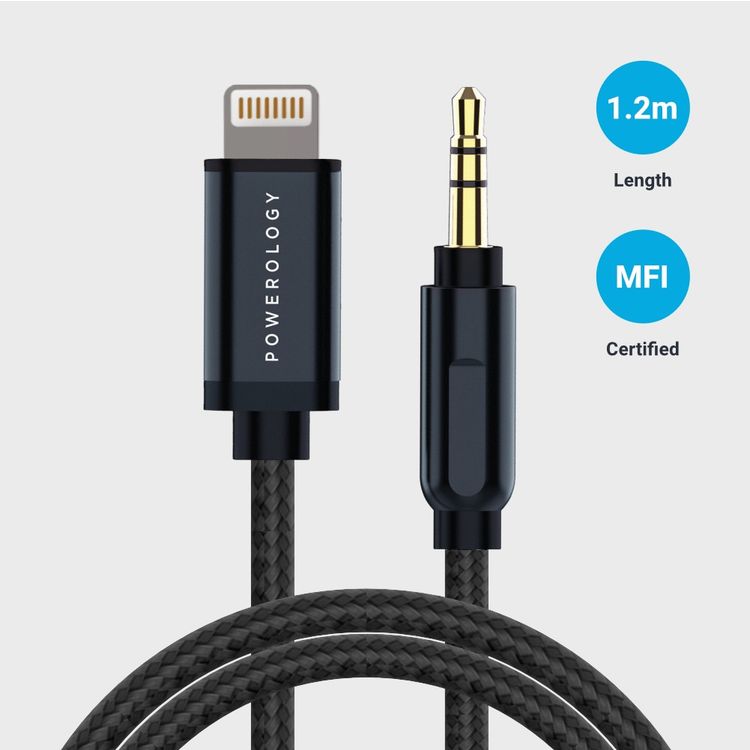 Powerology Lightning to Aux Cable with Aluminum Braided Coil, 1.2m Length, +5000 Bends Lifespan - Gray