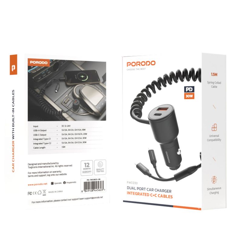 Porodo Dual Port Car Charger with Integrated C+C Cables, Universal Compatibility, Simultaneous Charging, 1.5m Cable Length - Black