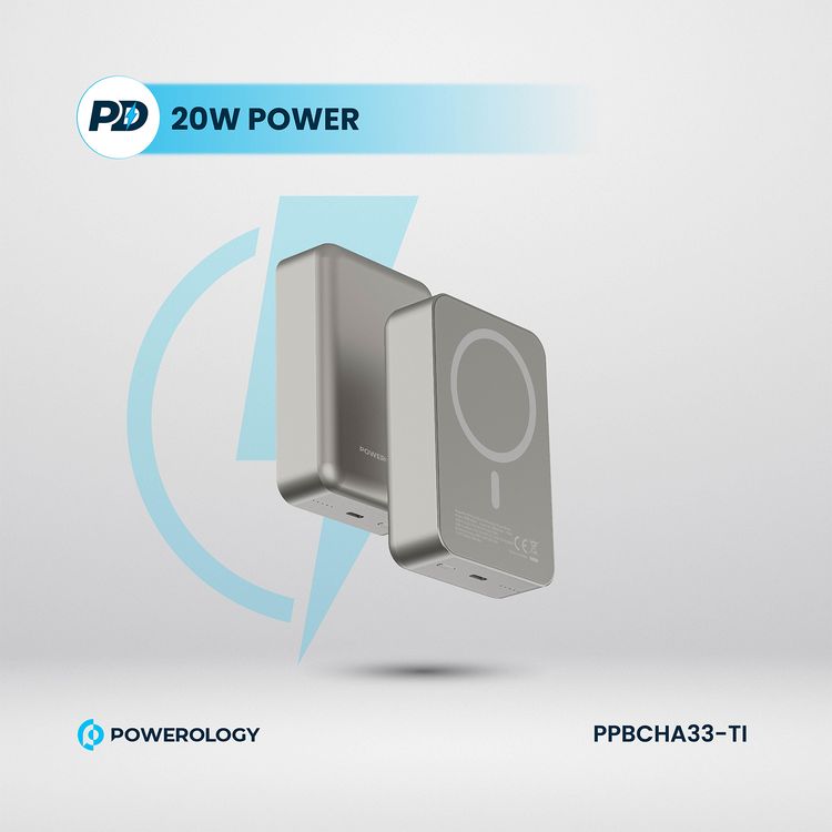 بنك الطاقة Powerology MagSafe من الألومنيوم بقدرة 20000 مللي أمبير في الساعة مع مؤشر لمستوى البطارية، تصميم خفيف الوزن وصغير الحجم، شحن سريع ومتزامن، مدخل ومخرج من النوع C، مخرج لاسلكي 15 وات - تيتانيوم