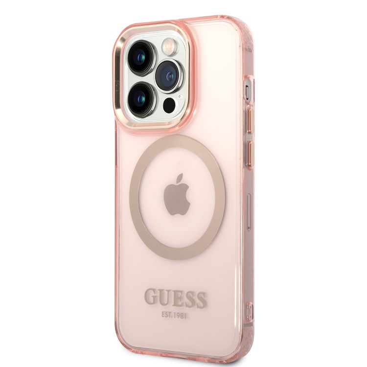 Guess Magsafe Case With Translucent Gold Outline - iPhone 14 Pro Max - Pink