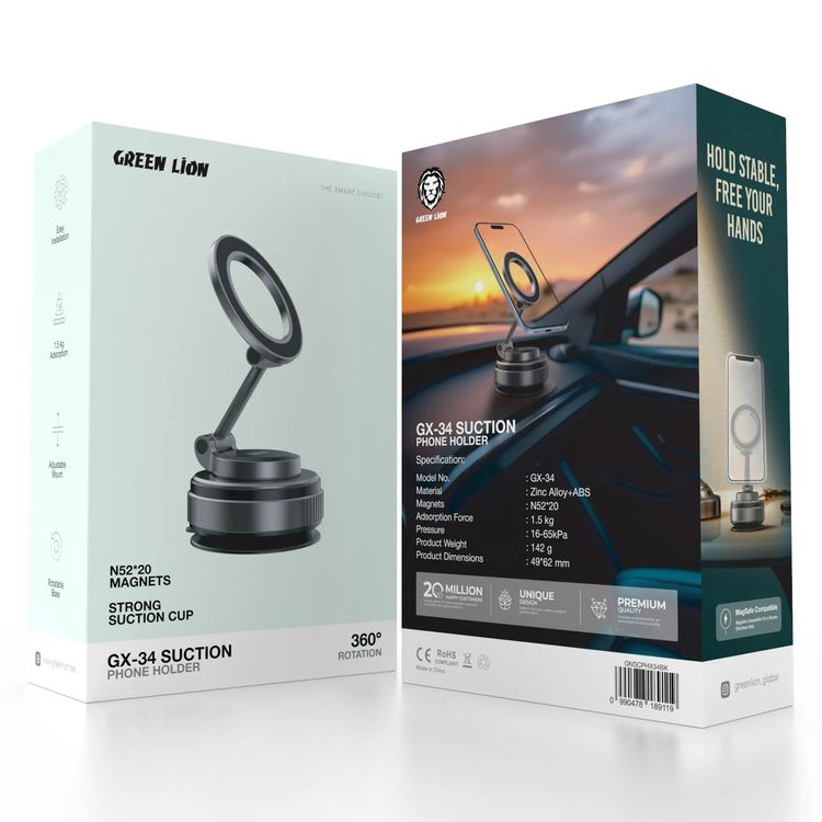 Green Lion GX-34 Suction Phone Holder with MagSafe Compatibility, 1.5kg Adsorption Force, N52 Magnets, 360° Rotation, Adjustable Mount, 16-65 kPa Pressure - Black