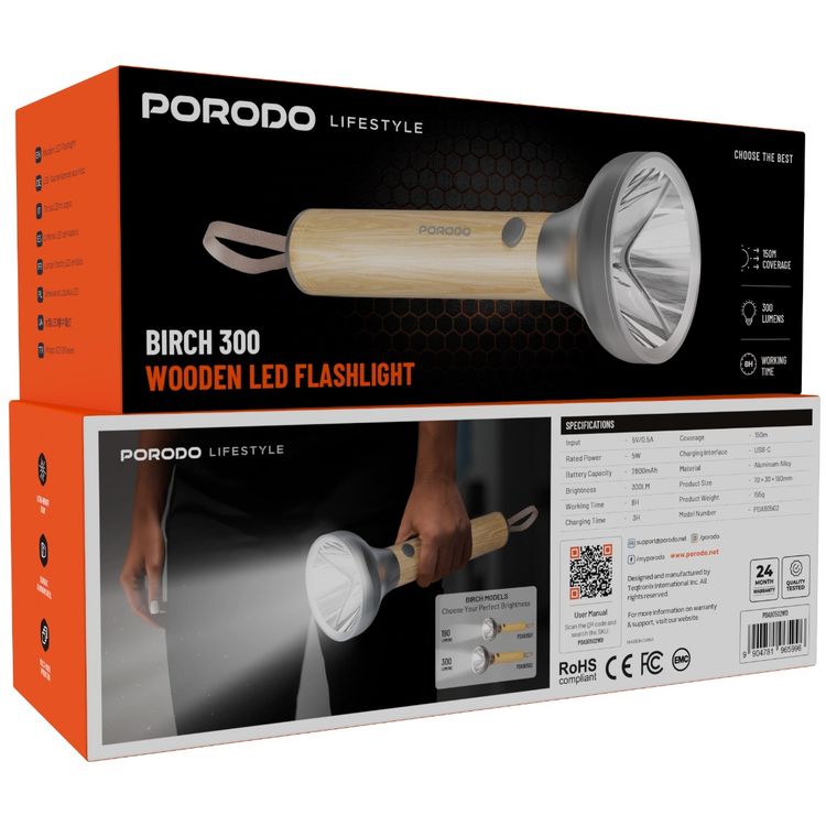 Porodo Birch 300 Wooden LED Flashlight with 300 Lumens Brightness, 150m Coverage, 2800mAh Battery Capacity, 3 Hours Charging Time, USB-C Charging Interface, 8 Hours Working Time, Multiple Mode Operation - Wooden