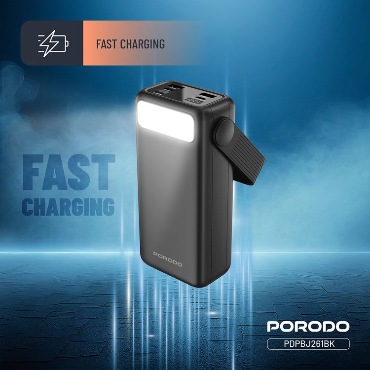 Porodo Lara 30000mAh Power Bank with Flashlight, Portable Handle, PD 20W, Fast Charging, ×2 USB-A & USB-C & Micro Ports, 4 Integrated Cables, Universal Compatibility - Black
