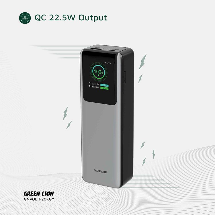 Green Lion Voltura 20000mAh Power Bank with TFT Display, Lightweight Design, Fast Charging, Wide Compatibility, Exquisite Appearance - Gray