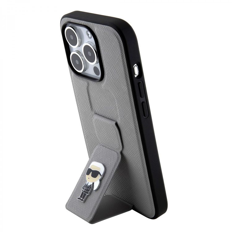 Karl Lagerfeld Saffiano Leather Grip Case With Karl Ikonik Logo - Silver - iPhone 15 Pro Max