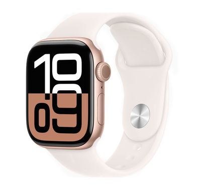 ساعة Apple Watch Series 10 GPS مقاس 46 مم بهيكل من الألومنيوم باللون الذهبي الوردي مع حزام رياضي بلون وردي فاتح، وعمر بطارية يصل إلى 18 ساعة، وبلوتوث 5.3، وشاشة Retina LTPO3 دائمة التشغيل - باللون الذهبي الوردي