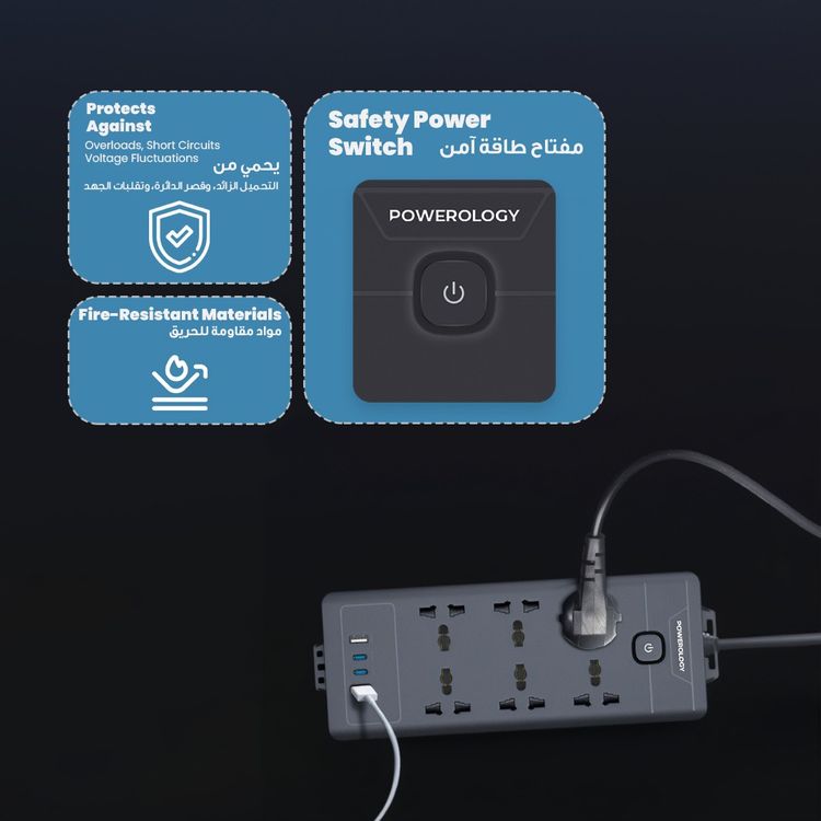 Powerology Power Strip with Power Switch, 20W PD, 3m, UK Plug, 5V/3A Simultaneous Use, 2 USB-C Ports, 2 USB-A Ports, 6 AC Sockets - Black