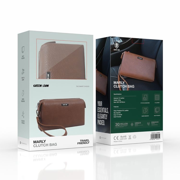 Green Lion Marly Clutch Bag with Water-Resistant PU Leather Material, Delicate Texture, Easy to Handle, Large Capacity, Multiple Pockets - Brown