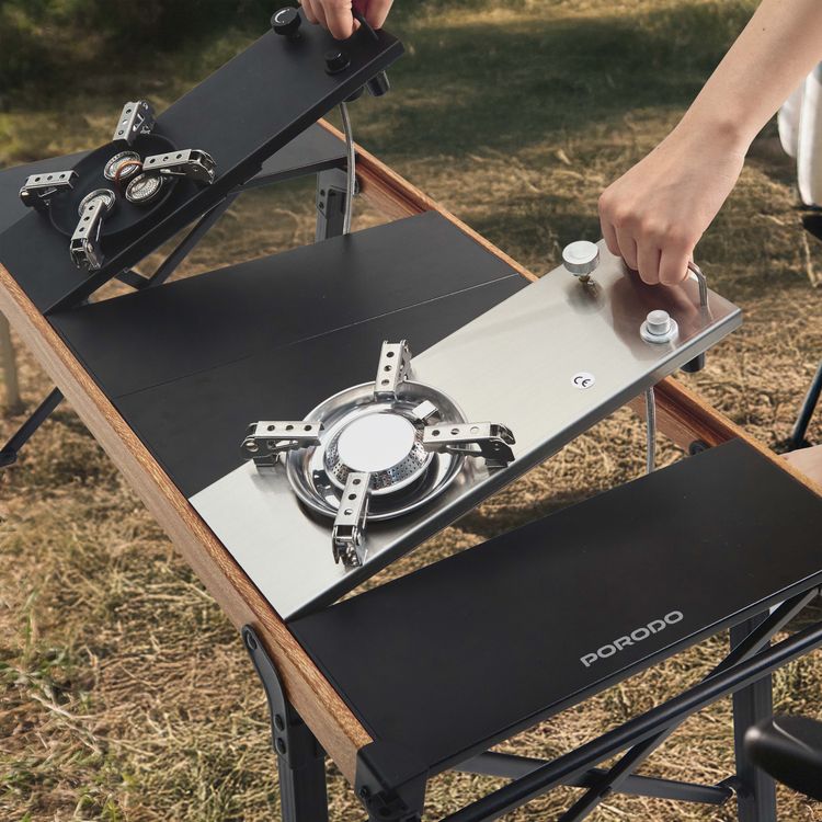 طقم طهي بورودو مع موقد مزدوج طاولة تخييم بلهب قابل للتعديل، إشعال كهربائي، محمول وسهل الحمل، تنظيف سهل بالمسح، طول خرطوم الغاز 65 سم، تصميم متعدد الوظائف - أسود