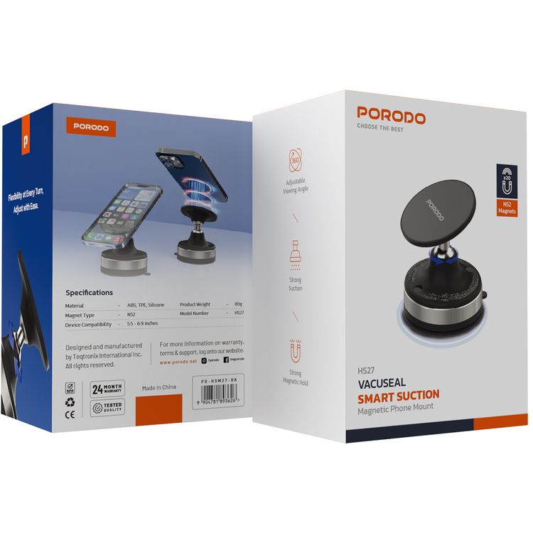 Porodo Vacuseal Smart Suction Magnetic Phone Mount with Adjustable Viewing Angle, N52 Magnets, 5.5" to 6.9" Device Compatibility, Strong Suction - Black