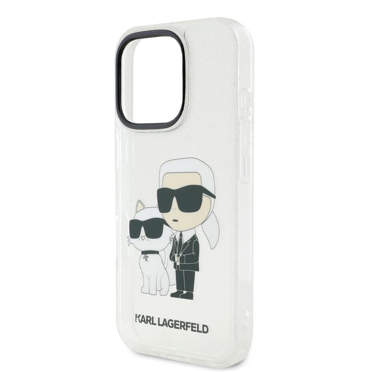 جراب Karl Lagerfeld IML اللامع الصلب مع شعار Karl &amp; Choupette NFT لهاتف iPhone 16 Pro، ممتص للصدمات والسقوط، فتحات دقيقة، قبضة مريحة، سهل التركيب - شفاف