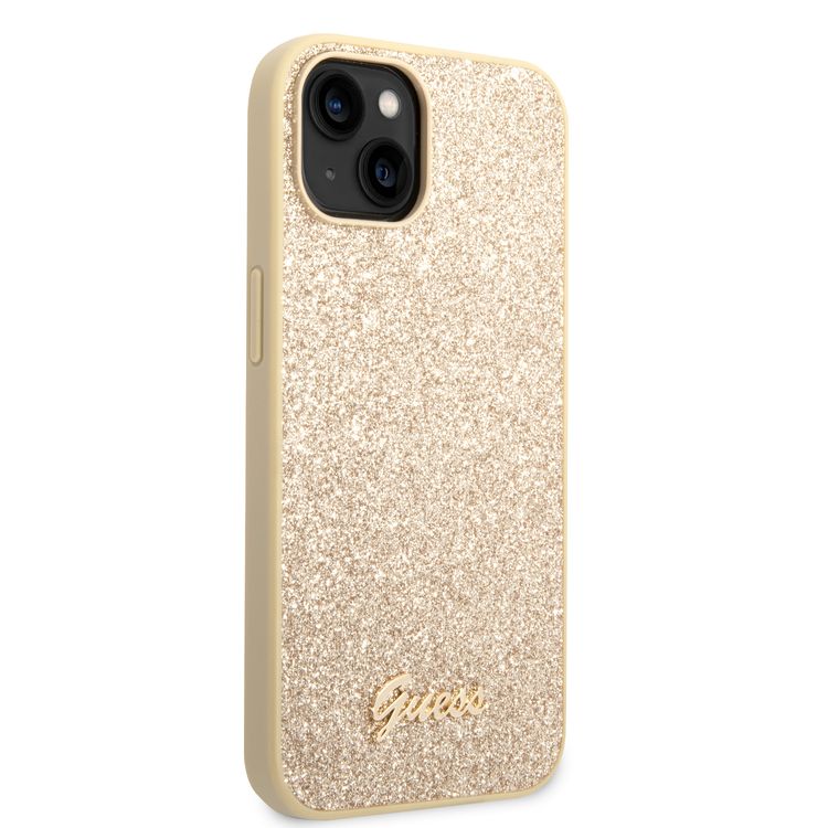 Guess PC/TPU Glitter Flakes Case with Script Metal Logo iPhone 14 Plus Compatibility - Gold
