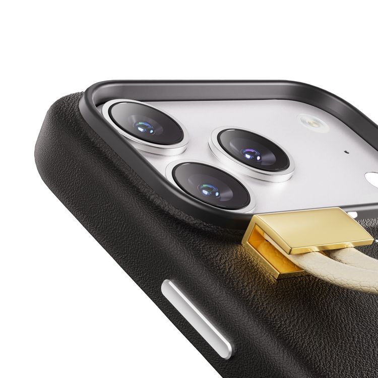 Levelo Polaris PU Leather Case with Wrist-Strap Grip for iPhone 17 Pro, Microfiber Inner Lining, Raised Bezels for Camera & Screen, Shock-Resistant Bumper, Drop-Tested - Black