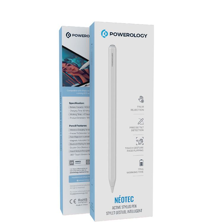Powerology Néotec Active Stylus Pen with Hand Gesture Recognition, 17 Hours Working Time, 140mAh Battery Capacity, 90 Minutes Charging Time, Bluetooth Connectivity, Wireless Charging, Palm Rejection, Precise Tilt Detection - White