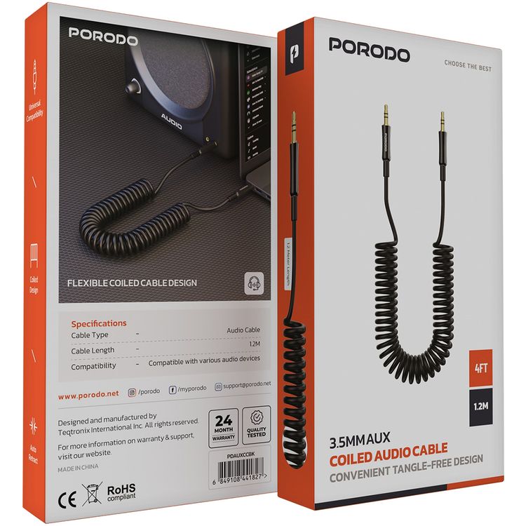 Porodo 3.5mm AUX to 3.5mm AUX Coiled Audio Cable with 1.2m Length, Universal Compatibility, Auto-Retract & Tangle-Free Design - Black