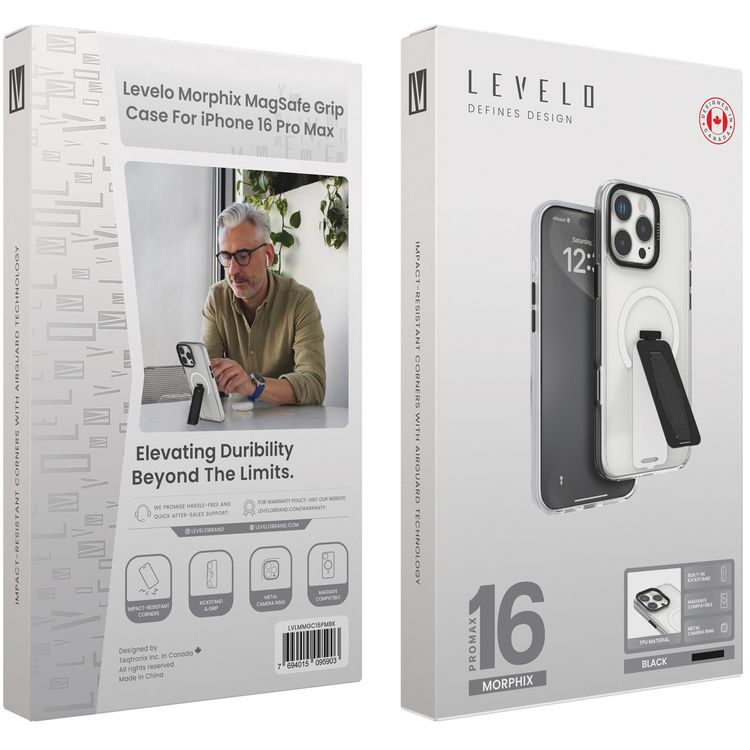 Levelo Morphix MagSafe Grip Case for iPhone 16 Pro Max, Impact Resistant Corners, Metal Camera Ring, Multi Functional Kickstand Premium Bayer TPU, Silicone Grip - Black