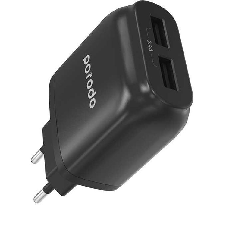 Porodo Dual Port EU Wall Charger with USB-A to Lightning Cable, Fast Charging & Auto ID Support, 2.4A USB-A Current, Fireproof Material, Overheat Protection, Protective Safeguard - Black