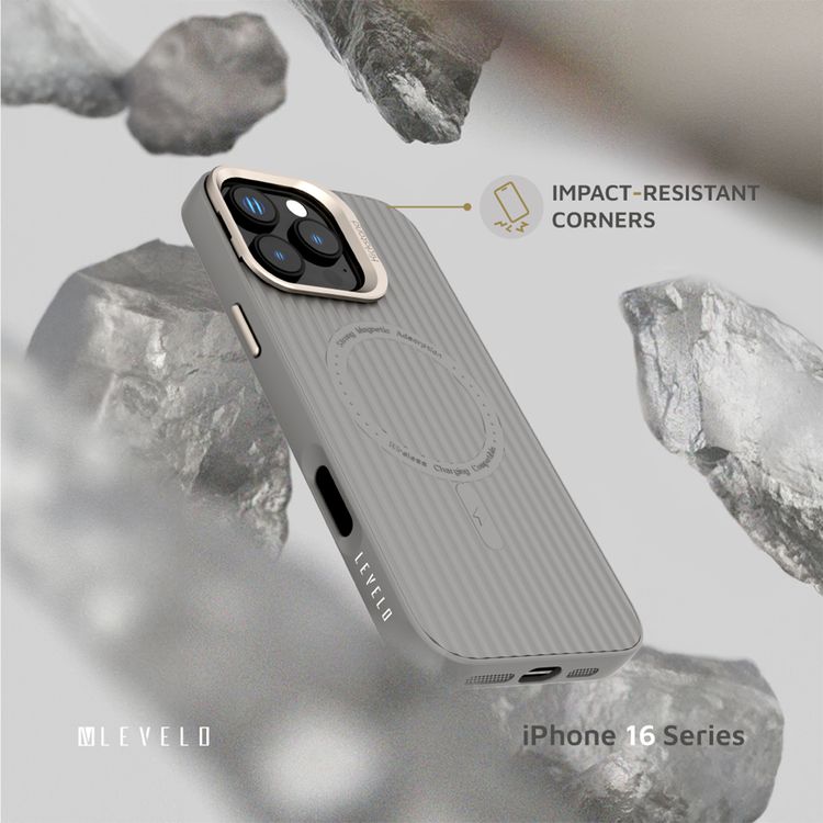 Levelo Livia Case for iPhone 16 Pro with MagSafe Compatibility, Impact-Resistant Corners, Built-in Kickstand, TPU with Silicone Surface, Metal Camera Ring - Gray