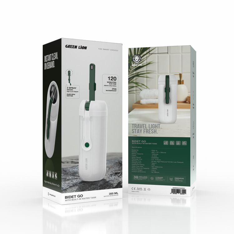 Green Lion Bidet Go with Built-in Water Tank 350ml with LED Battery Display, Backflow Protection, 2 Spray Modes (High & Low Pressure), 120 Min Run Time, Type-C Charging, ABS + PC + Silicone Material, IPX6 Waterproof Rating - White