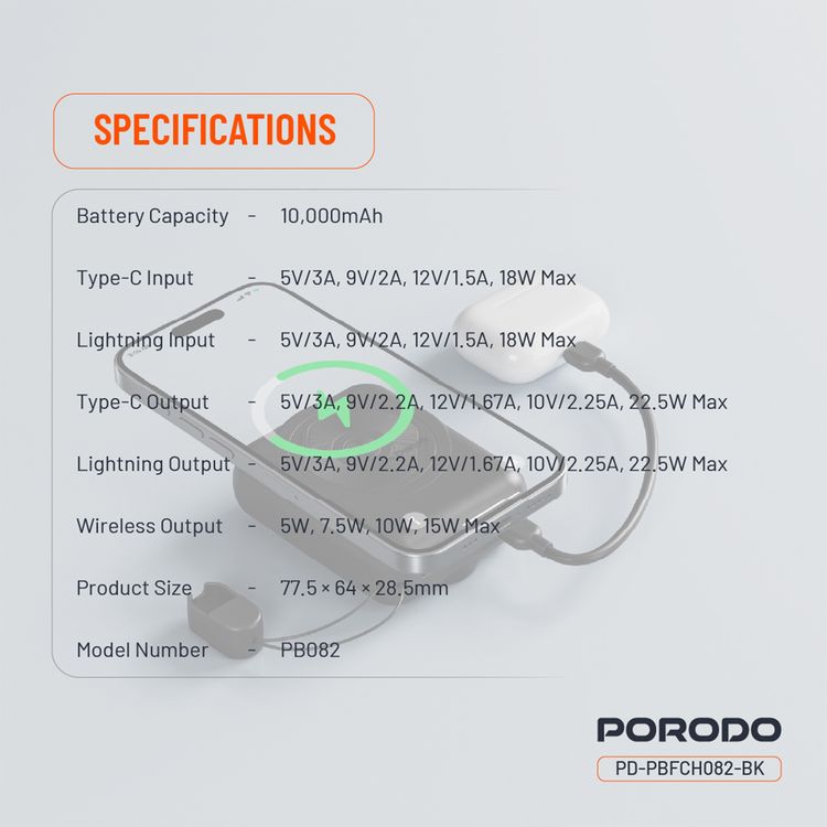 Porodo 10000mAh MagSafe Power Bank with Detachable USB-C to Lightning Cable, 22.5W Power Delivery, Digital Battery Indicator, 15W Maximum Wireless Output - Black
