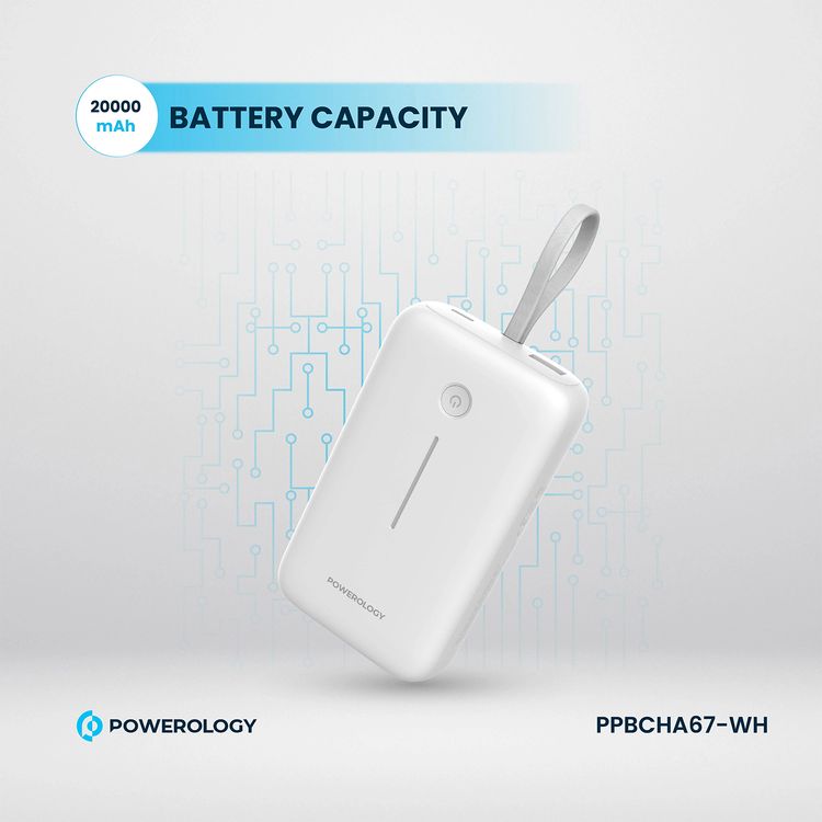Powerology 20000mAh Power Bank with Detachable USB-C Wire, 30W Power Delivery, 3-Device Charging, Long Time Standby, Universal Phone Compatibility, Built-in Safeguards - White
