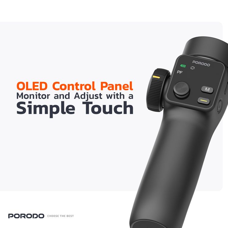 Porodo Velocam 3-Axis Gimbal Stabilizer with 6 Shooting Modes, Up to 10 Hours Working Time, USB-C Charging Port, 20cm Extension Rod, 2×800mAh Batteries, Foldable Design, Smart Face Tracking, Focus Control Wheel - Black