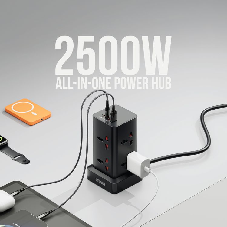 Green Lion Power Tower 2500W Universal Power Strip, Vertical Design with 8×AC Outlet Sockets, 2×Type-C & 2×USB-A Ports, 20W Power Delivery, Built-in Overload & Surge Protection, UK 3-Pin Plug with 2m Cord Length, Multi-Device Charging – Black