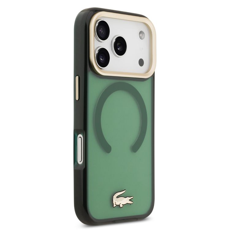 كفر لاكوست MagSafe شفاف من TPU و PC مع لمسة نهائية متعددة الألوان لهاتف آيفون 17 برو، حماية من السقوط، تصميم نحيف، عبوة مستدامة، تصميم سهل التركيب - لون أخضر / ذهبي.