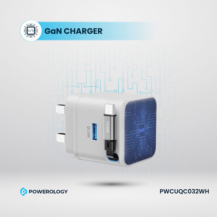 Powerology Dual Output Retractable GaN Charger with Built-in Safeguards, 2-Device Charging, 35W Power Delivery, Fire Proof Material, Patented Design, 75cm Retractable Type-C Cable - White