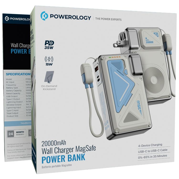 بنك طاقة ماج سيف من باورولوجي، سعة 20000 مللي أمبير/ساعة، مع شاحن حائط، PD 35 وات، شاحن لاسلكي 15 وات، حامل عند الطلب، منفذ USB-A وUSB-C وMicro، مقابس قابلة للتبديل في الولايات المتحدة/الاتحاد الأوروبي/المملكة المتحدة، شاشة LED رقمية - أبيض