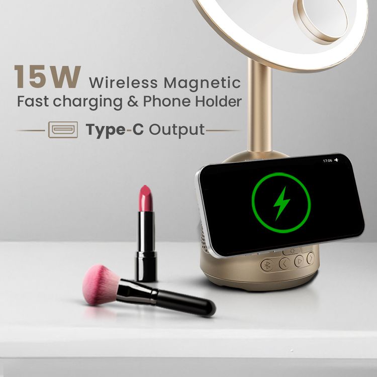 Green Lion Makeup Mirror with Bluetooth Speaker, MagSafe Charger, 3-Level LED Light, Bluetooth Version 5.1, 5000-6500K Color Temperature, 26 LED Beads, 60° Rotation, Type-C Charging Port, ABS & Glass Material - Gold
