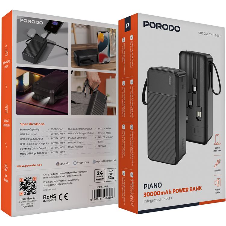 Porodo Piano 30000mAh Power Bank with Flashlight, Portable Handle, Phone Stand, 4 Integrated Cables, USB-A & USB-C & Micro Ports, Fast Charge Support, Universal Compatibility - Black