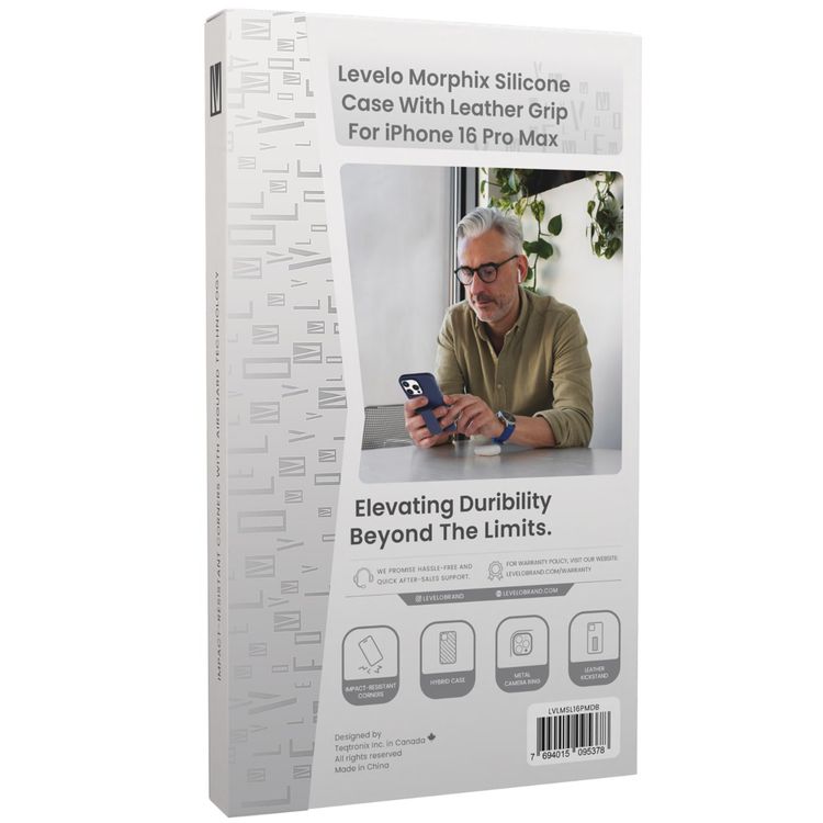 Levelo Morphix Silicone Case with Leather Grip for iPhone 16 Pro, Metal Camera Ring, Multi-Functional Kickstand, Impact-Resistant Corners, Super Durable Materials - Deep Blue