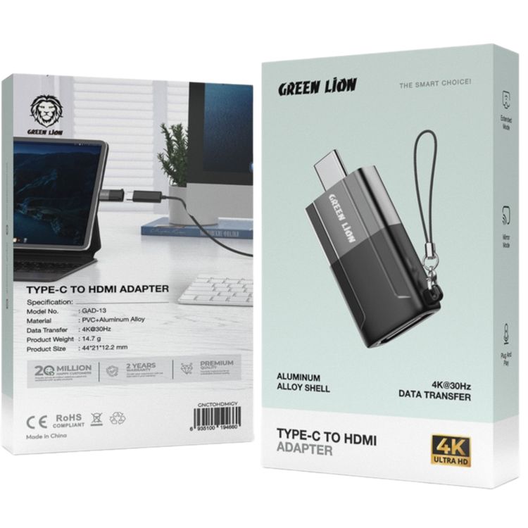 Green Lion Type-C to HDMI Adapter, PVC+ Aluminum Alloy Material, Plug and Play, Supports 4K Resolution, Mirror Mode  - Gray