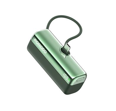 Porodo Pocket Volt 5000mAh Power Bank with Built-in Type-C Connector, 22.5W Power Delivery, Fast Charging Support, Compact Design, 15W Total Output - Green